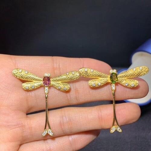 Natural red tourmaline brooch S925 silver Natural gemstone brooch Pendant trendy dragonfly women two wears party gift jewelry