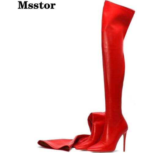 Msstor Snake Print Knee High Boots Women Red Sexy Zipper Party Thigh High Boots Pointed Toe Winter High Heels Boots Women Green