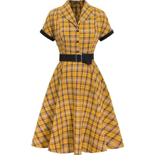 Casual dress jurken Short Sleeve Yellow Plaid Dress VD1331 2021 Summer Swing Rockabilly 50s Vintage Dress with Belt
