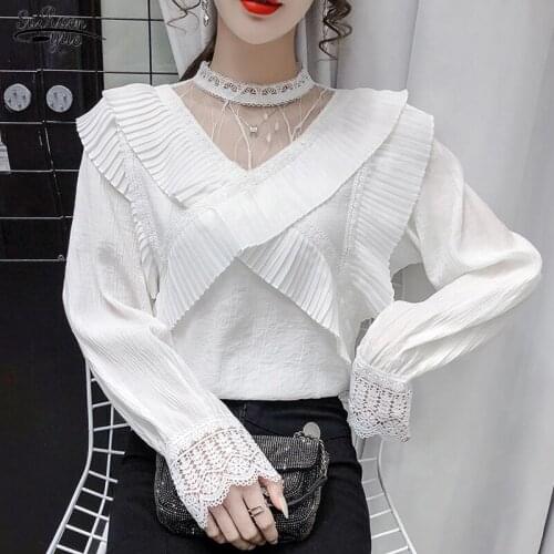 Autumn New Hollow Out Long Sleeve White Blouse Elegant Ruffle Mesh Stitching Women Shirts Blouses Women Loose Tops Female 16369