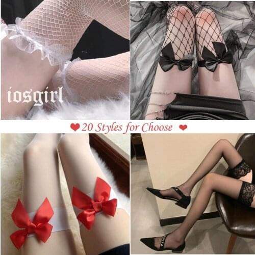 Women Sexy Stockings Lace Top Thigh High Stockings Over The Knee Socks Fishnet Transparent Hosiery Lolita Socks Bow Stockings
