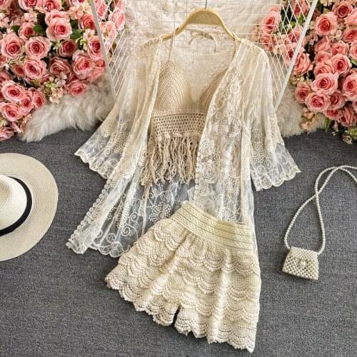 Amolapha Women Summer Bohemia Style 3-piece Set Lace Sun-proof Cardigan+Hollow Out Tassel Spaghetti Strap Tank Tops+Short Pant