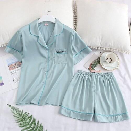 JULYS SONG 2PCS Faux Silk Womens Pajamas Sets Summer Short Sleeve Shirts Shorts Casual Lapel Collar Button Womens Pajamas Set