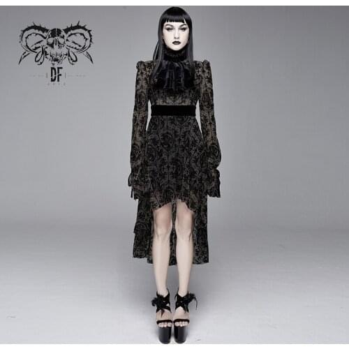 Devil Fashion Womens Gothic Dress with Belt Vintage High Neck Transparent Asymmetry Hem Party Club Long Skirt