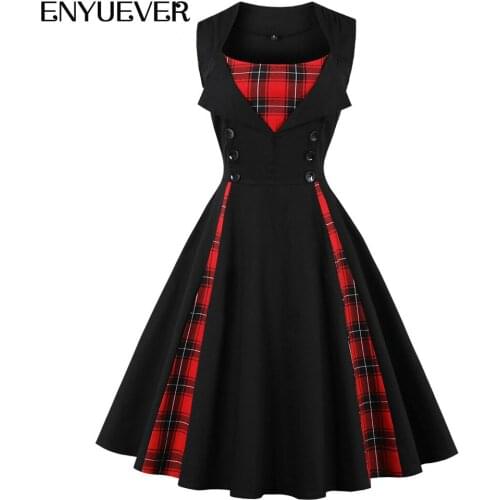 Enyuever Elegant Plus Size Women Dress Summer Vintage Clothes High Waist Robe Pin Up Swing Rockabilly Retro Party Casual Dresses