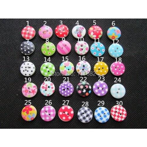 1000pcs 15mm Printed Flowers Dots Checks Wood Buttons For Scrapbooking Sewing Accessories Cardmaking,30 Patterns Mix
