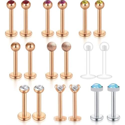 16G 18pcs Lip Rings Tragus Earring Studs Stainless Steel CZ Labret Monroe Helix Cartilage Jeweled Earring Body Piercing 5/16"