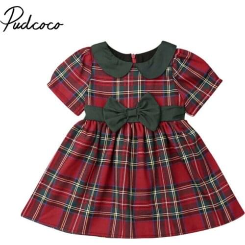 2019 Brand Christmas Toddler Baby Kids Girls Dress Bowknot Plaid Party Swing Dress Xmas Summer Party Dresses