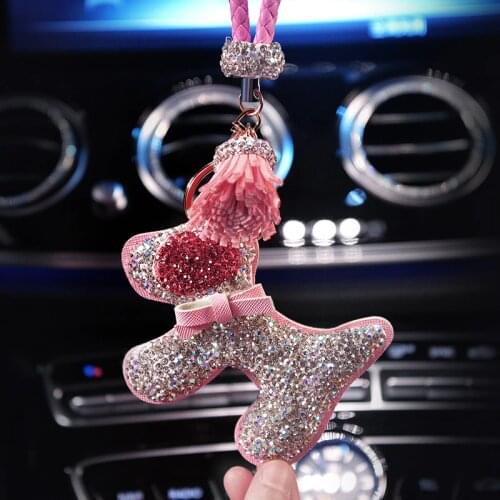 Car Pendant Ornaments Hanging Diamond Lucky Dog Puppy Tassel Key Buckle Mirror Rearview Decoration Auto Interior Accessories