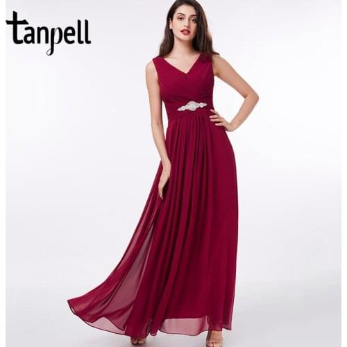 Tanpell long v neck evening dress cheap sexy black Floor-Length sleeveless dress burgundy beading pleats party evening dress