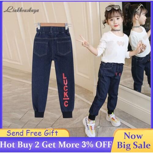 Jeans For Girls Spring Autumn Korean Printing Casual Jeans Warm Letter Jeans For Boys Slim-fit warm trousers 4-14 Years Old