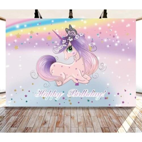 Unicorn with Purple Tail and Stars Backdrops Photos Background Decorations for Kids Birthday Party Photography Studio Props