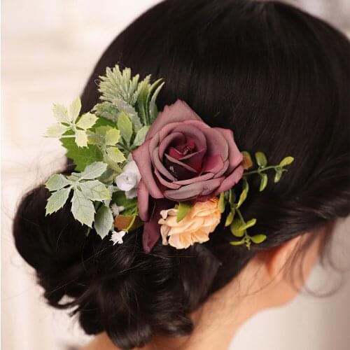 Purple Rose Flower Bride Hair Comb Leaf Elegant Women Headpieces Girl Ornament Wedding Hair Accessories Bridal Headwear