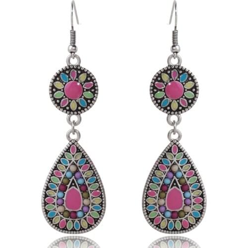 HC Fashion Water Drop Multi Color Long Earrings Vintage Enamel Bohemian Earrings for Women Ethnic Jewelry Holiday Accessories F