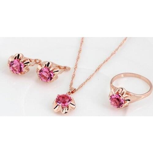 Fine Lovely Stone Girl Coloured Zircon Water Drill Bride Jewelry Necklace Earring Ring Three Pieces