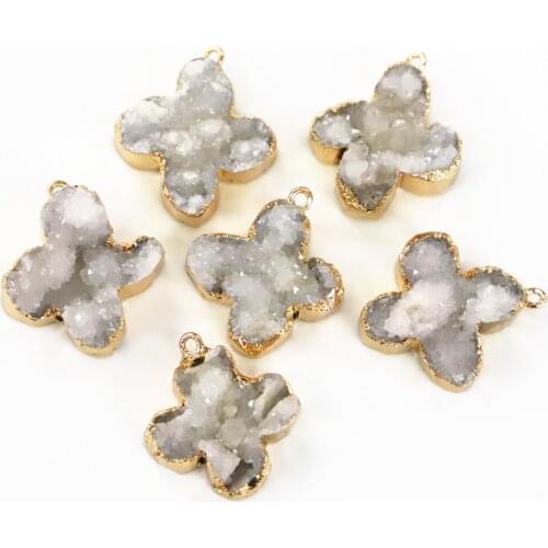Hot 6PCS New Natural Stone Gray Agates Druzys Drusy Pendants Clover Charm for Women Men Unisex Jewelry Necklace Making Wholesale