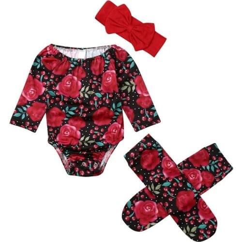 0-24M Cute Newborn Baby Girl Long Sleeve Off shoulder Floral Bodysuit Jumpsuit Headband Leg Warmer Outfits Baby Clothes