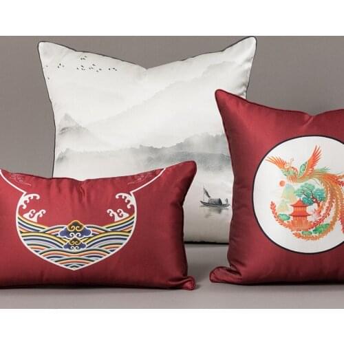 Vintage Chinese style red printed cushion cover landscape pattern pillow cover sofa pillowcase