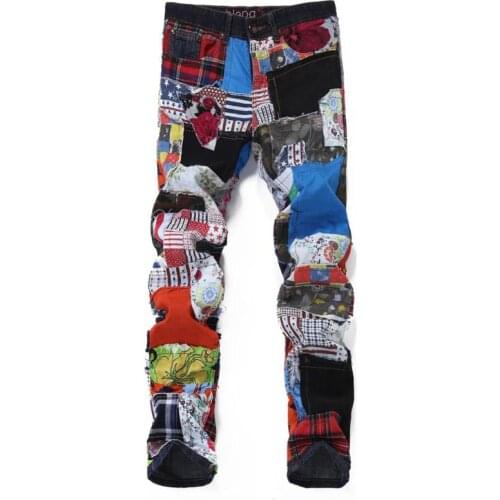 New European American mens male man personalized flower beggar patch pants slim straight color irregular trousers collage jeans