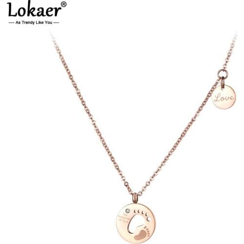 Lokaer Trendy Double Footprints Love Chokers Necklace For Women Girl Rose Gold Stainless Steel CZ Crystal Pendant Jewelry N19030