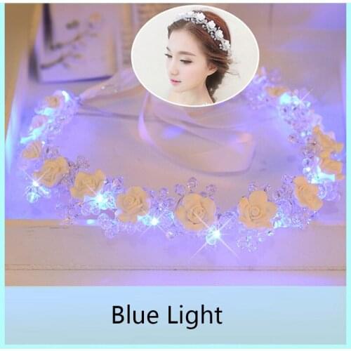 Bridal Hair Accessories with Lights Crystal Flower Crown Wedding Hair Accessories Women Ornaments For Girls Headband Blue Tiara
