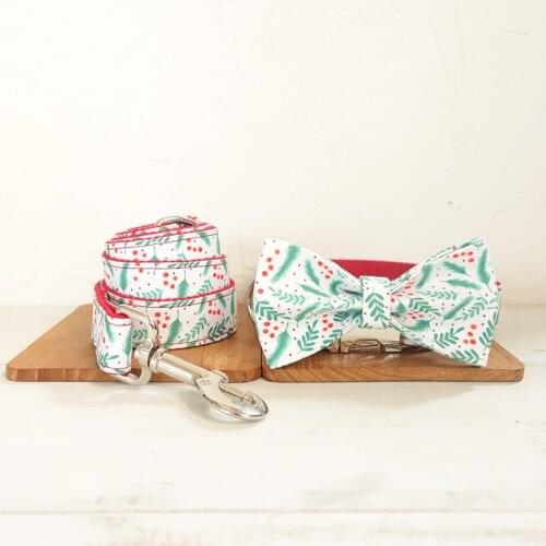 Muttco unique design fashionable bow tie handmade engraving dog collar THE CHRISTMAS LEAVES dog collar and leash set bowknot