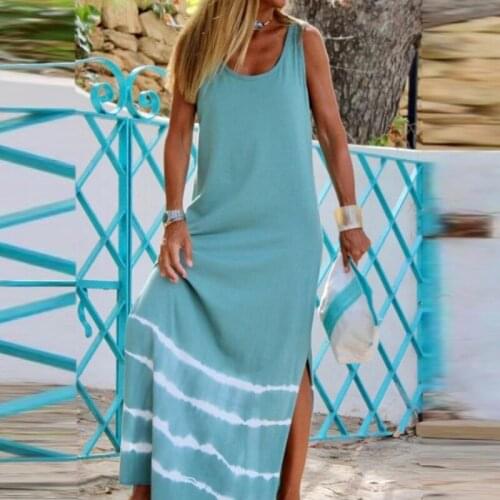 Boho Striped Printed Holiday Beach Dress Women Summer Sleeveless Robe Party Dress Spring O Neck Vintage Tunic Long Dresses Mujer
