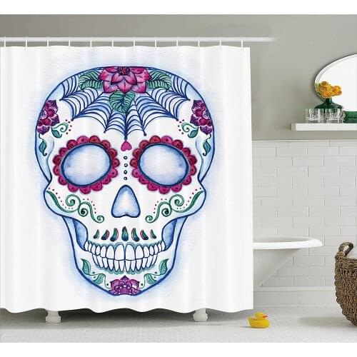 Sugar Skull Decor Shower Curtain Day of The Dead Colorful Skull with Floral Ornament Hand Drawn Doodle Waterproof Bath Curtains