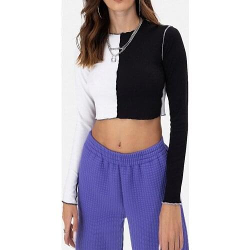 Womens Color Block Crop Tops Hedging Loose Long-Sleeved Round Neck Street Hipster Black and White Slim-Fit Fleece Fabric T Shirt