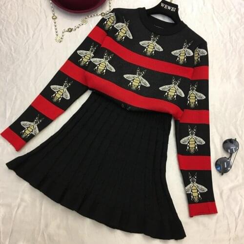 Amolapha Women Print Sweaters Skirts Sets Long Sleeve Knit Pullover Tops Pleated Skirt 2PCS Suits for Woman