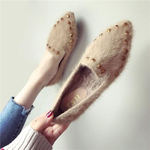 Metal Rivets ladies pointy toe shoes winter warm fur loafers apricot/black plush soft sole flats cozy slip on pregnant moccasins