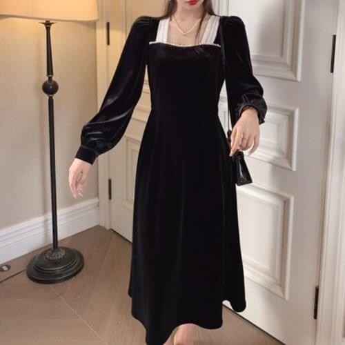 Bella Velvet Midi Dress Women 2021 Autumn Square Collor Long Sleeve Elegant Vintage Party Dress Ladies One Piece Dress Korean