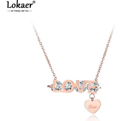 Lokaer Trendy Office Style Titanium Steel Love Heart Pendant Necklaces Jewelry CZ Crystal Anniversary Necklace For Women N19107