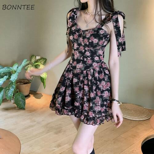 Sleeveless Dress Women Summer Floral Bandage Slim Mini Sexy Party Ladies Fashion Design College Street Ulzzang Vestidos Soft Ins