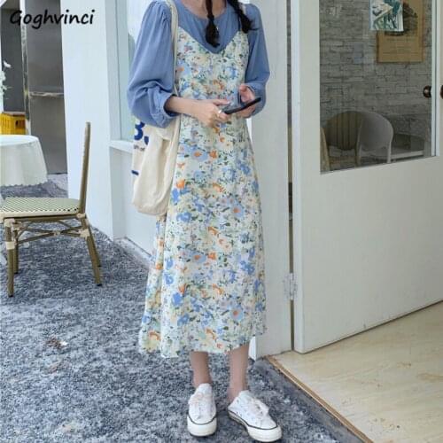 Gentle Preppy Style Women Dress Sets Long Sleeve Blue Blouse Elegant Loose Friends Spaghetti Strap Floral Vestidos Leisure Ins
