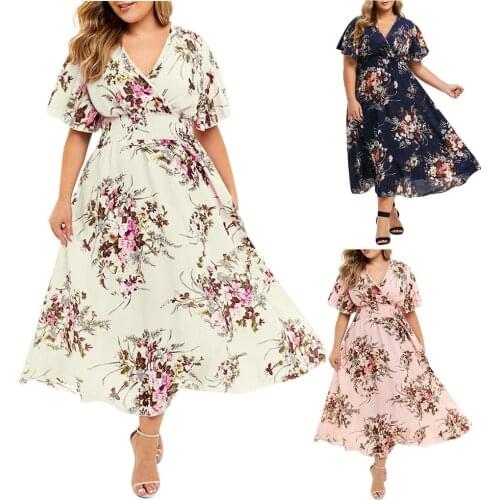Women Summer Dress Plus Size Floral Printed Female V-Neck Short Sleeve Boho Casual Dress Ladies Elegant Clothes Vestidos Mujer