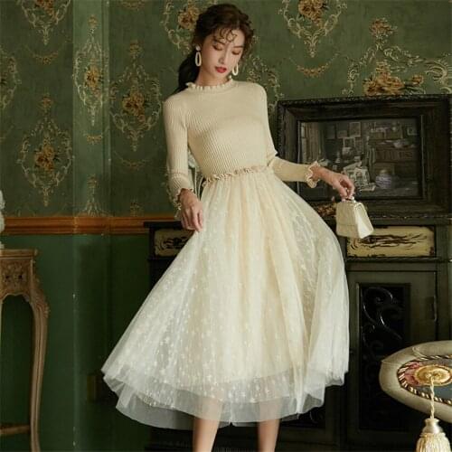 2019 Autumn Women Long Sleeve Knitted Patchwork Mesh Dress Elegant Lady Long O-neck Ball Gown Dressess Vestidos Bottomings W1062