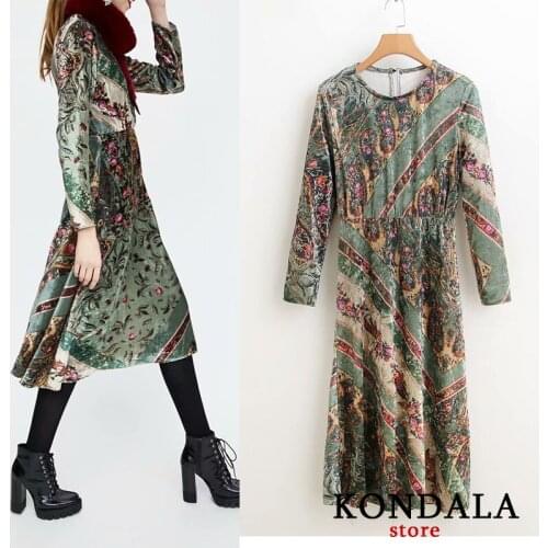 KONDALA Za Women Fashion 2021 Vintage Floarl Print Vlevet Dress Long Sleeve Thick Elegant Dresses O-Neck Straight Vestidos Mujer