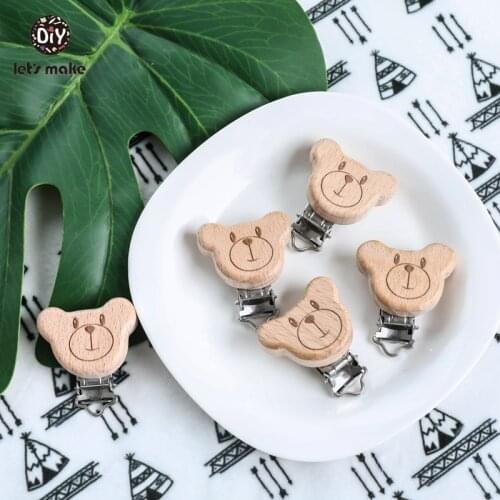 Lets make Dummy Clip 1pc Beech Wooden Teether Pacifier Clip Printing Animal Fox Panda Bear DIY Nursing Accessories Baby Teether