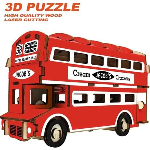 DIY Laser Cutting 3D double-decker bus Wooden Puzzles Learning Educational Toy Game Assembly Toys for Children Jigsaw Kids Toy