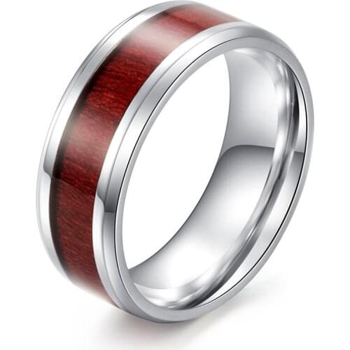 European and American Fashion Simple Titanium Steel Inlaid Wood Skin Ring Wood Grain Mens Ring Accessories