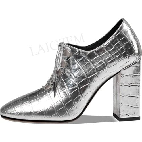 LAIGZEM SUPER Women Heels Metallic Cocodile Chunky Heels Pumps Spring Summer Lace Up Shoes Woman Zapatos Mujer Large Size 33-43