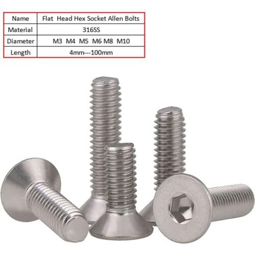 M3 M4 M5 M6 M8 M10 Flat Head Hex Socket Machine Screws Metric Thread Countersunk Hexagon Bolts 316 Stainless Steel
