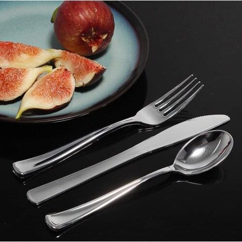 25pcs Silver Rose Gold Disposable Tableware Sets Plastic Disposable Forks/Knifes/Spoons Anniversary Wedding Party Supplies