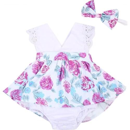 Infant Baby Kids Girls Outfits Flower Printed Romper Dress +Headband Clothes 2PCS baby girl clothes princess lace romper