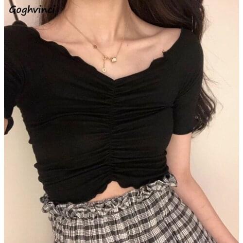 Soild Short Sleeve T-shirts Women Harajuku Sexy Crop Tops Female Summer Clothing Fashion Streetwear V-neck Simple All-match New