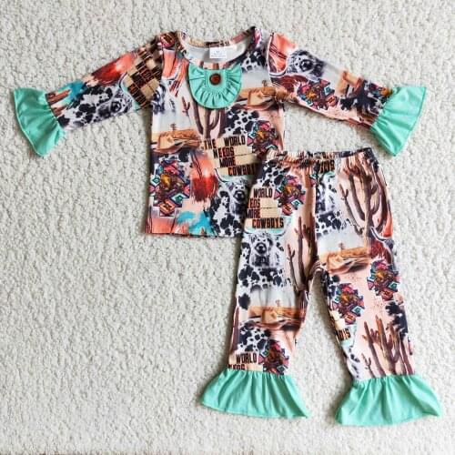 Lovely Baby Girls Farm Cowboys Deisgner Pajamas Ruffles Sleeve and Long Pants Set Wholesale Boutique RTS Sleepwear Nightclothes
