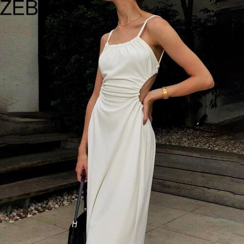 ZEBERY White Midi Backless Dress Women Hollow Out 2021 Summer Bandage Sexy Beach Spaghetti Strap Black Casual Dresses