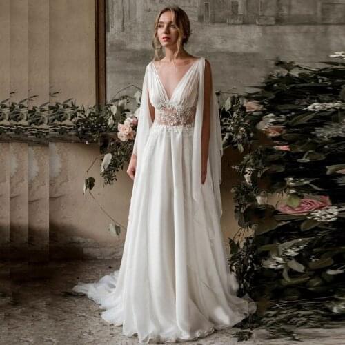 Beach Cheap Wedding Dress Cap Sleeve A-Line Chiffon Appliques Lace Princess Bride Dress Arabic Wedding Gown Vestido De Noiva