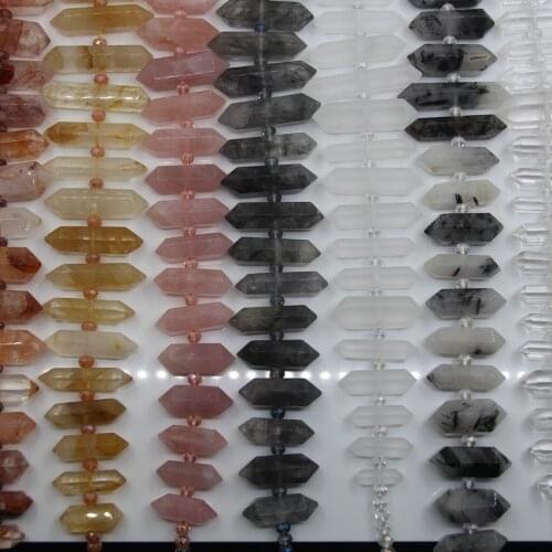 15.5"Strand Central Drilled Natural Crystal Double Point Pendants,Faceted Quartz Hexagon Slice Stick Spike Beads Jewelry Making